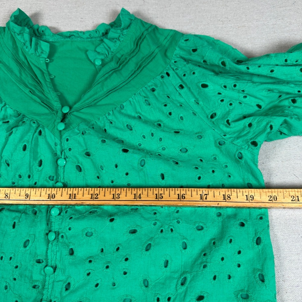 Green Eyelet‎ Cotton Blouse Ruffle Neck Balloon Sleeve Button Up Small spring - Picture 4 of 5